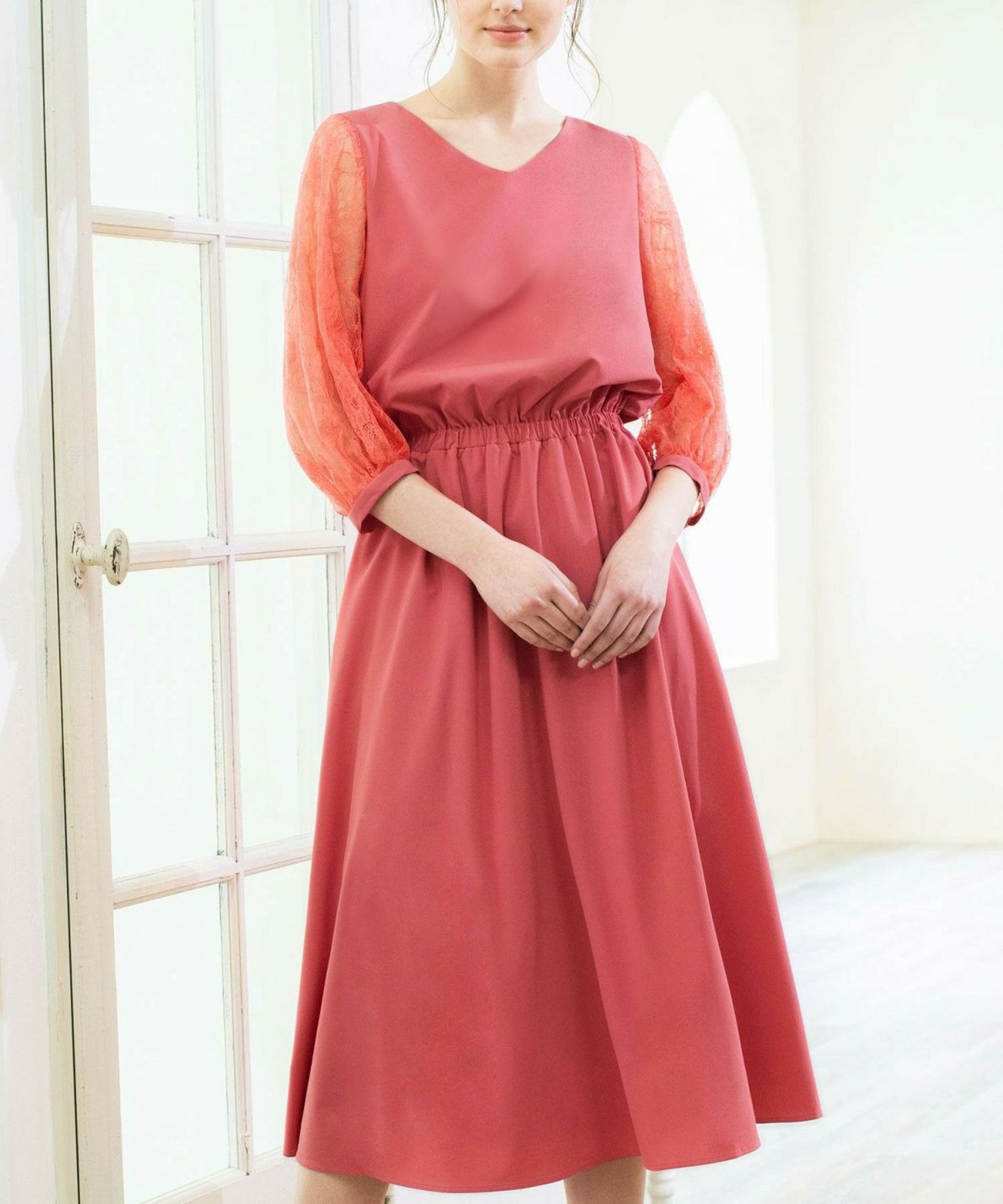 結婚式・お呼ばれ対応 | レーススリーブミモレ丈ワンピース  