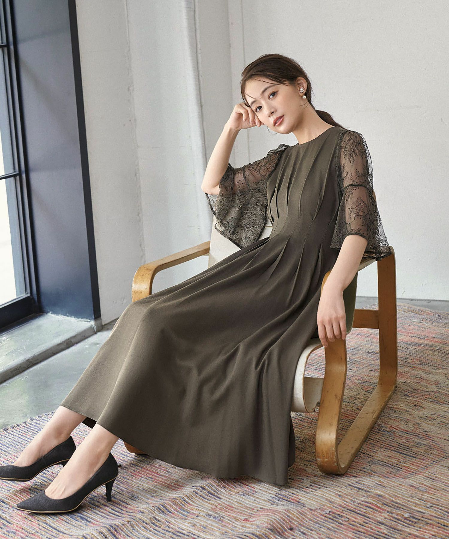 結婚式・お呼ばれ対応 |レース素材フレアスリーブXラインワンピース 
