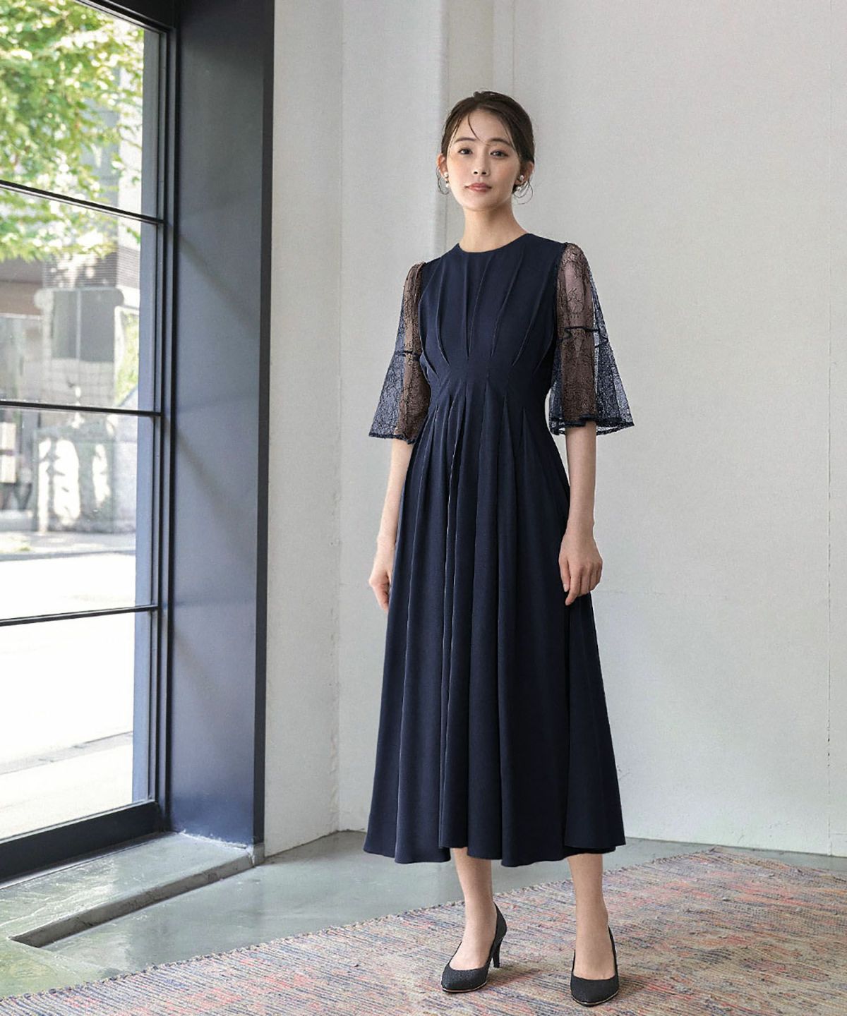 結婚式・お呼ばれ対応 |レース素材フレアスリーブXラインワンピース 