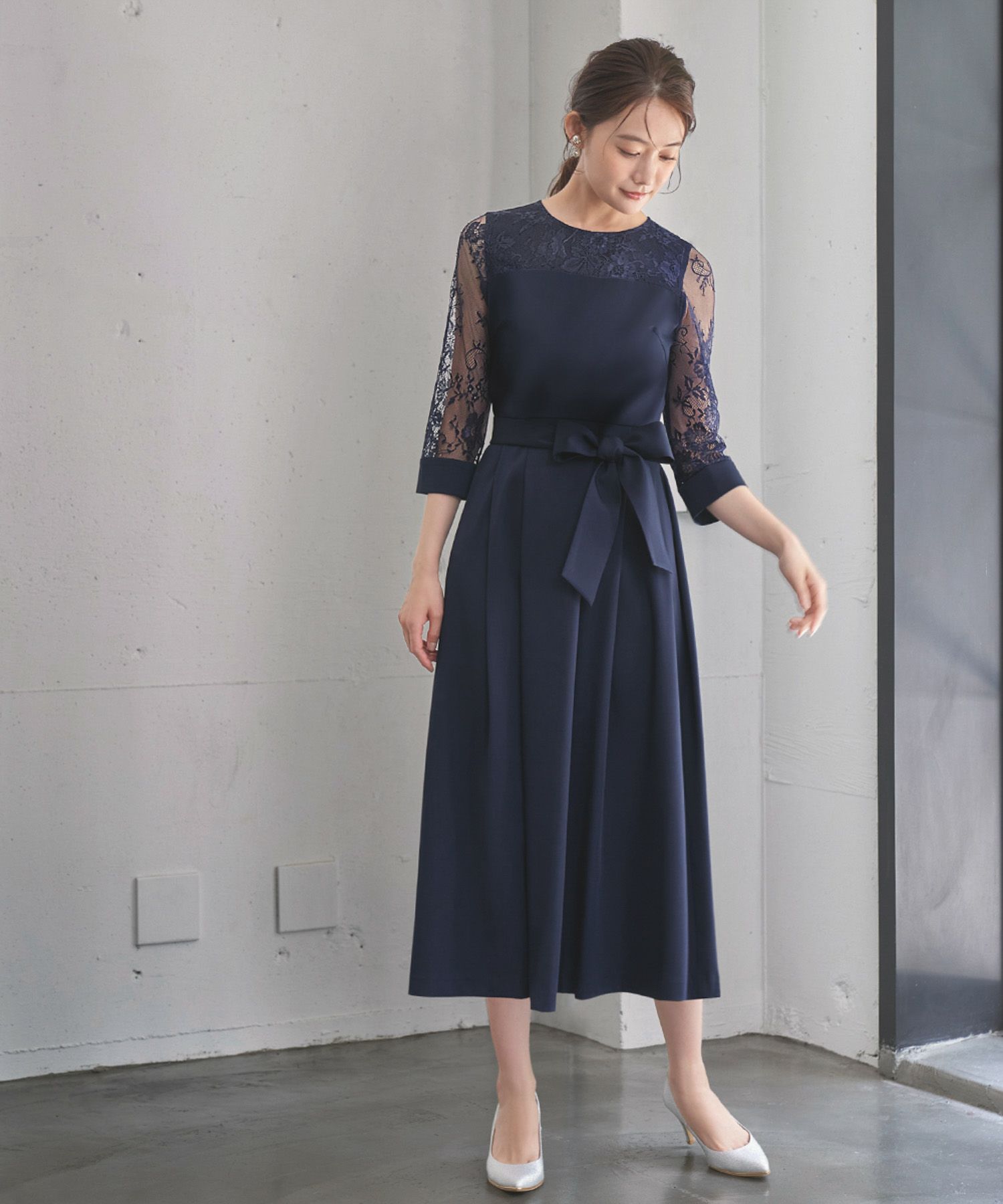 結婚式・お呼ばれ対応 | レーススリーブワンピース - パーティードレス 