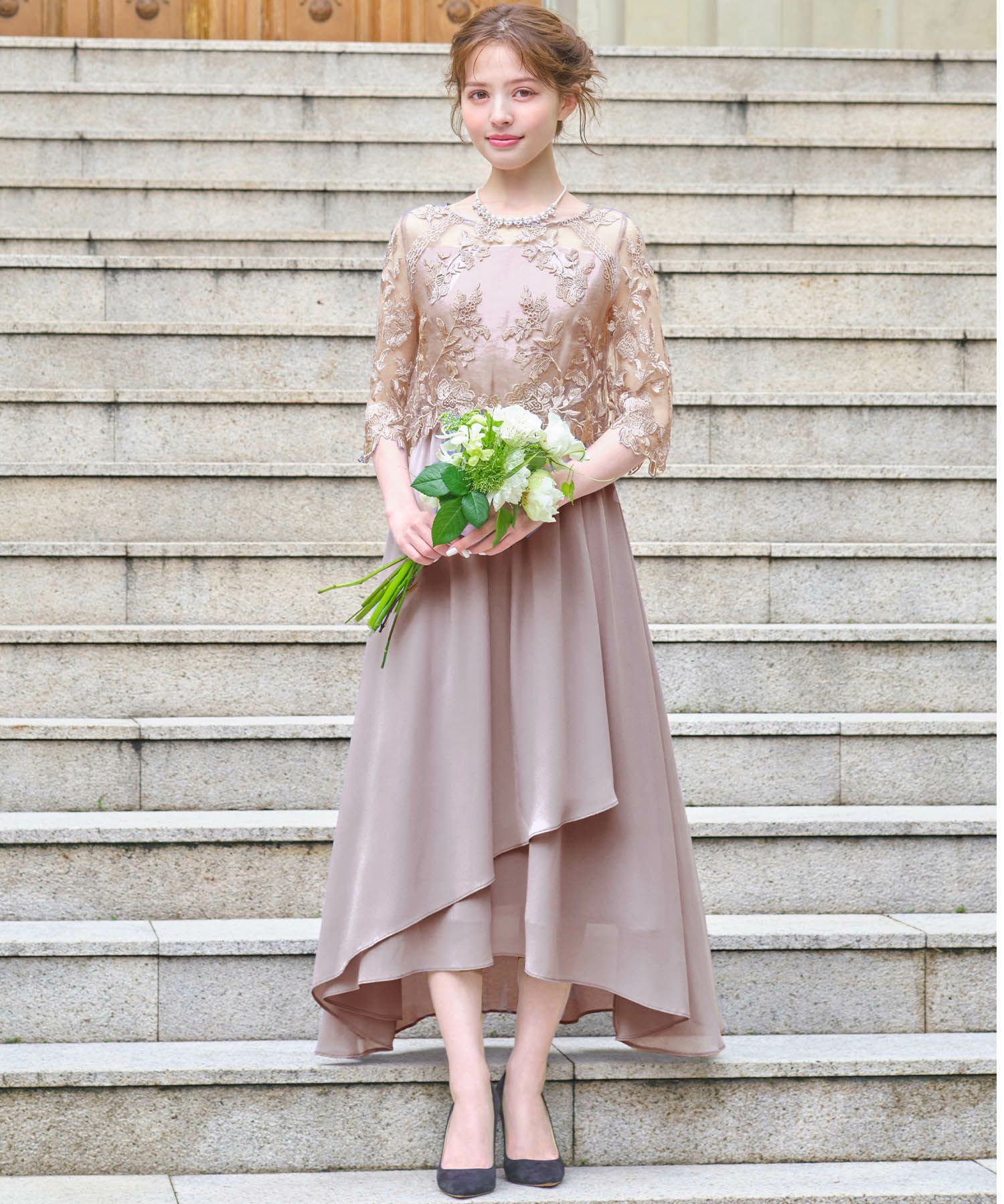 結婚式・お呼ばれ対応 | 刺繍レース切替えワンピース - パーティー 
