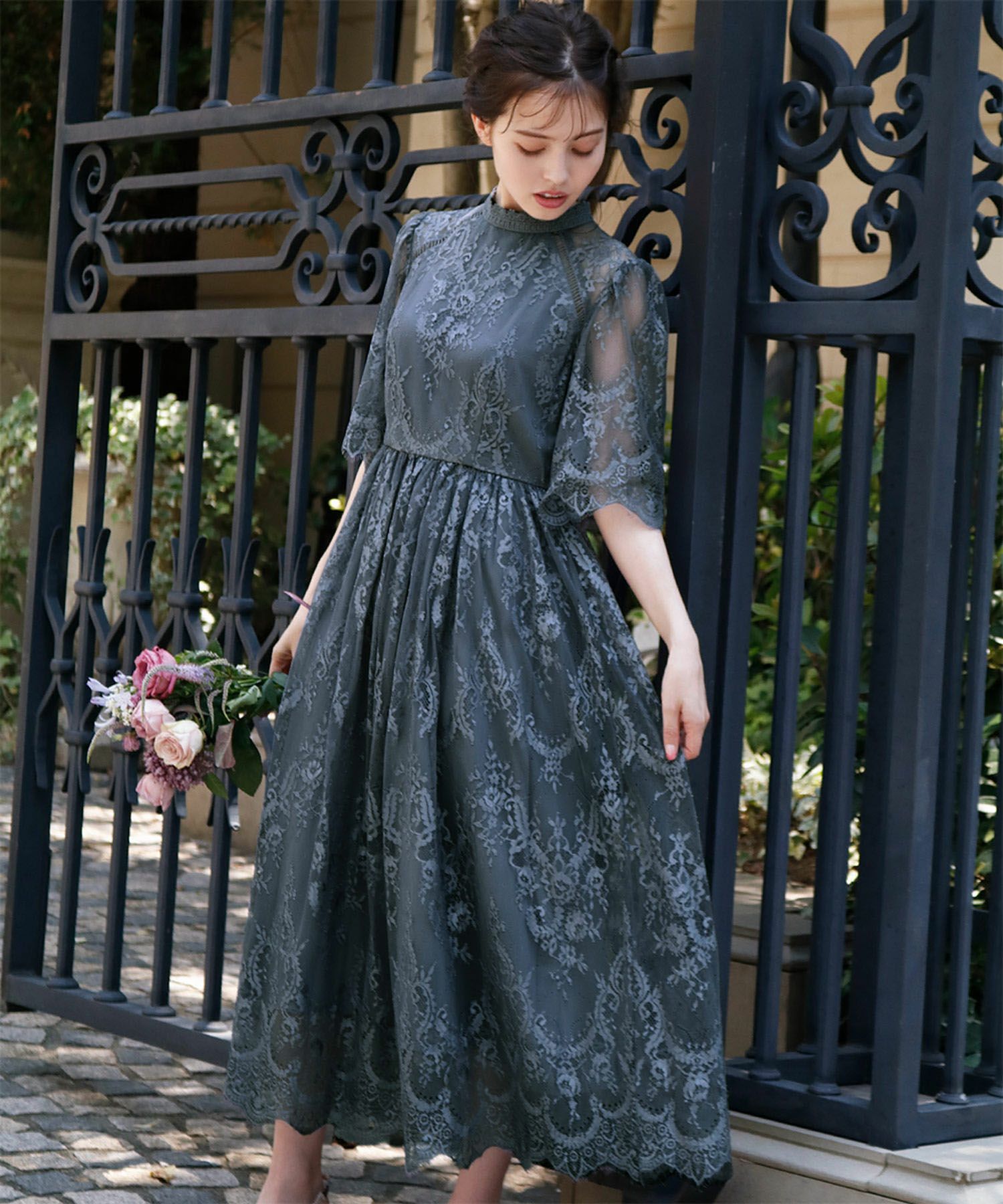 結婚式・お呼ばれ対応 | 総レースミモレ丈ワンピース - パーティー 