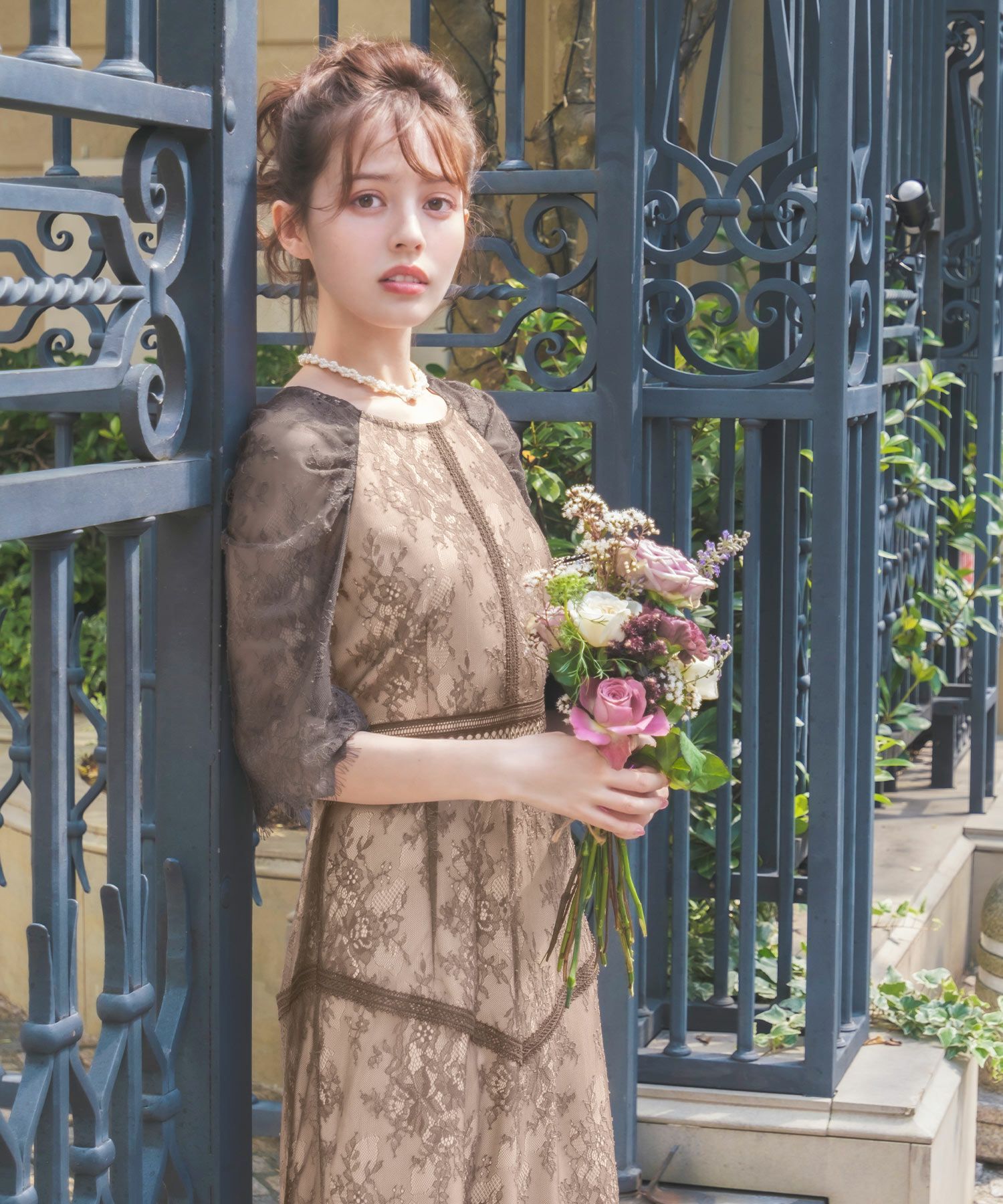 結婚式・お呼ばれ対応 | フラワー総レースフレアロングワンピース 