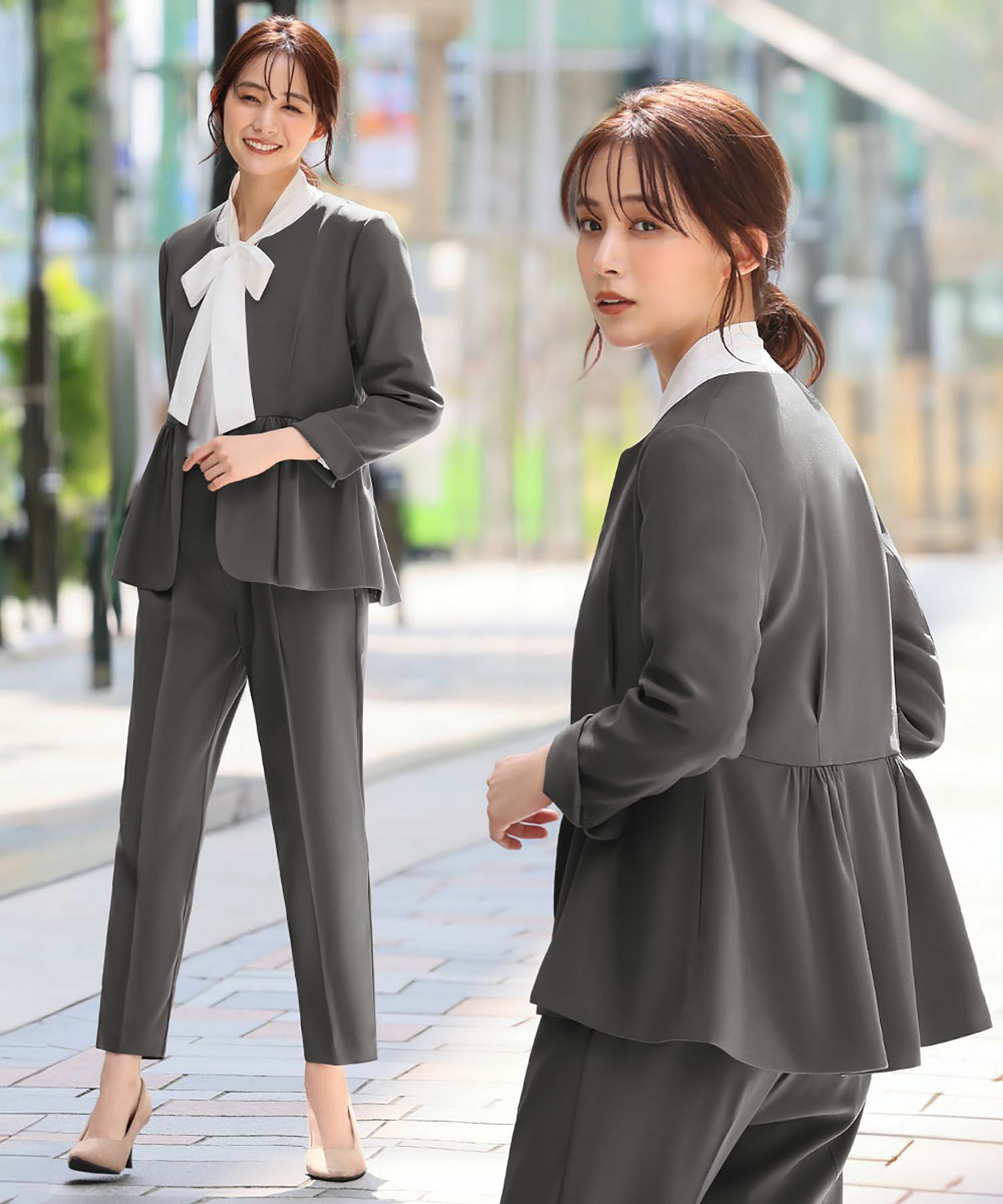 美品GIRLジャケット＆パンツ ボウタイブラウス 3点セット くぐもっ