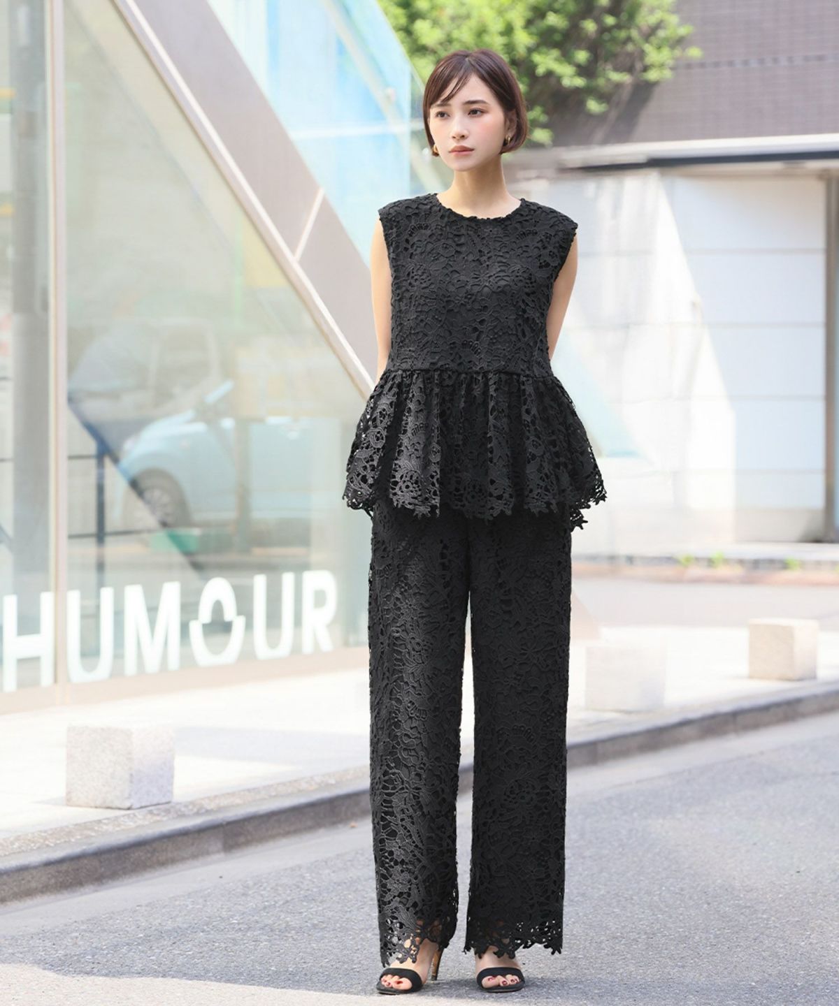 EFFLORESCENCE Tシャツ、パンツ Lサイズ ブラック　セットアップ セール】綾トロミ オーバーサイズドレープリラクシング半袖