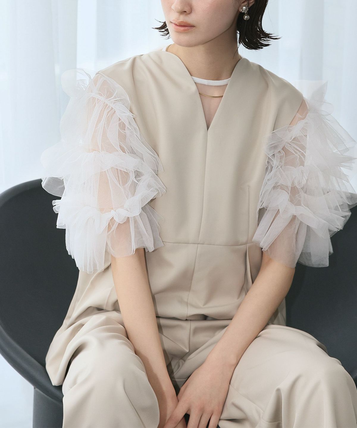 結婚式 お呼ばれ ドレス チュール ボリューム袖