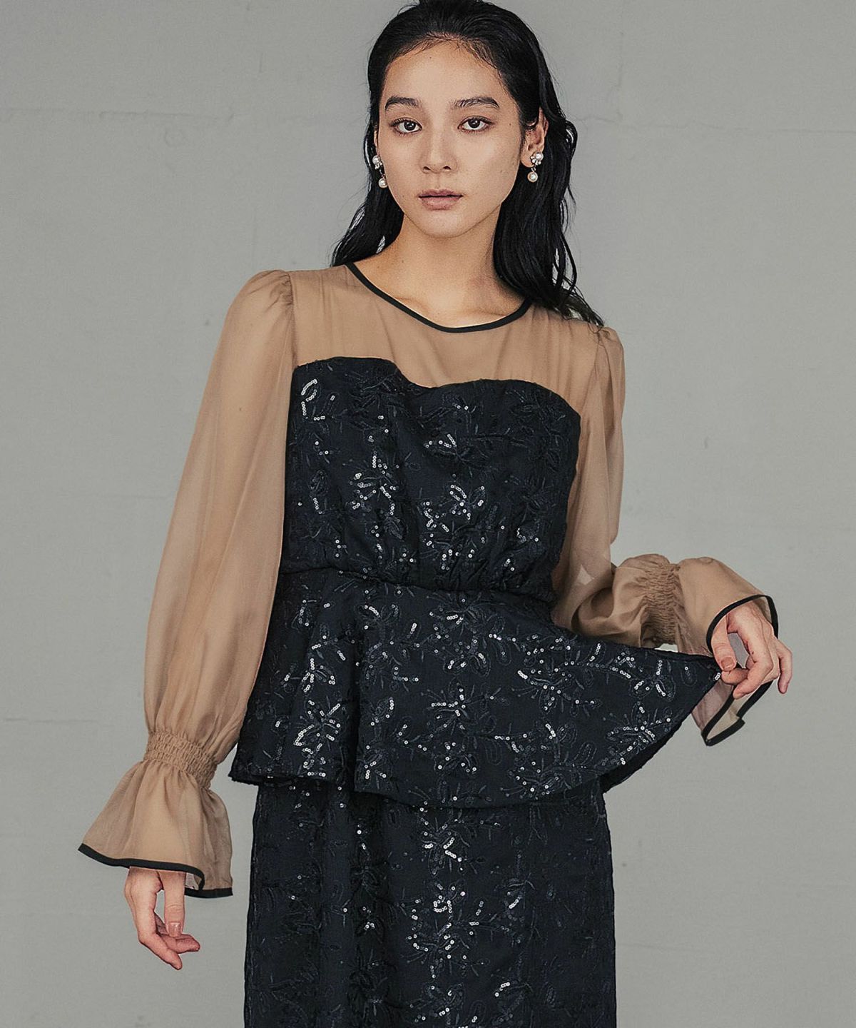 パーティードレス 花柄 スパンコール シアー ロング ワンピース 結婚式・お呼ばれ対応 | スパンコール&花柄パーティードレス