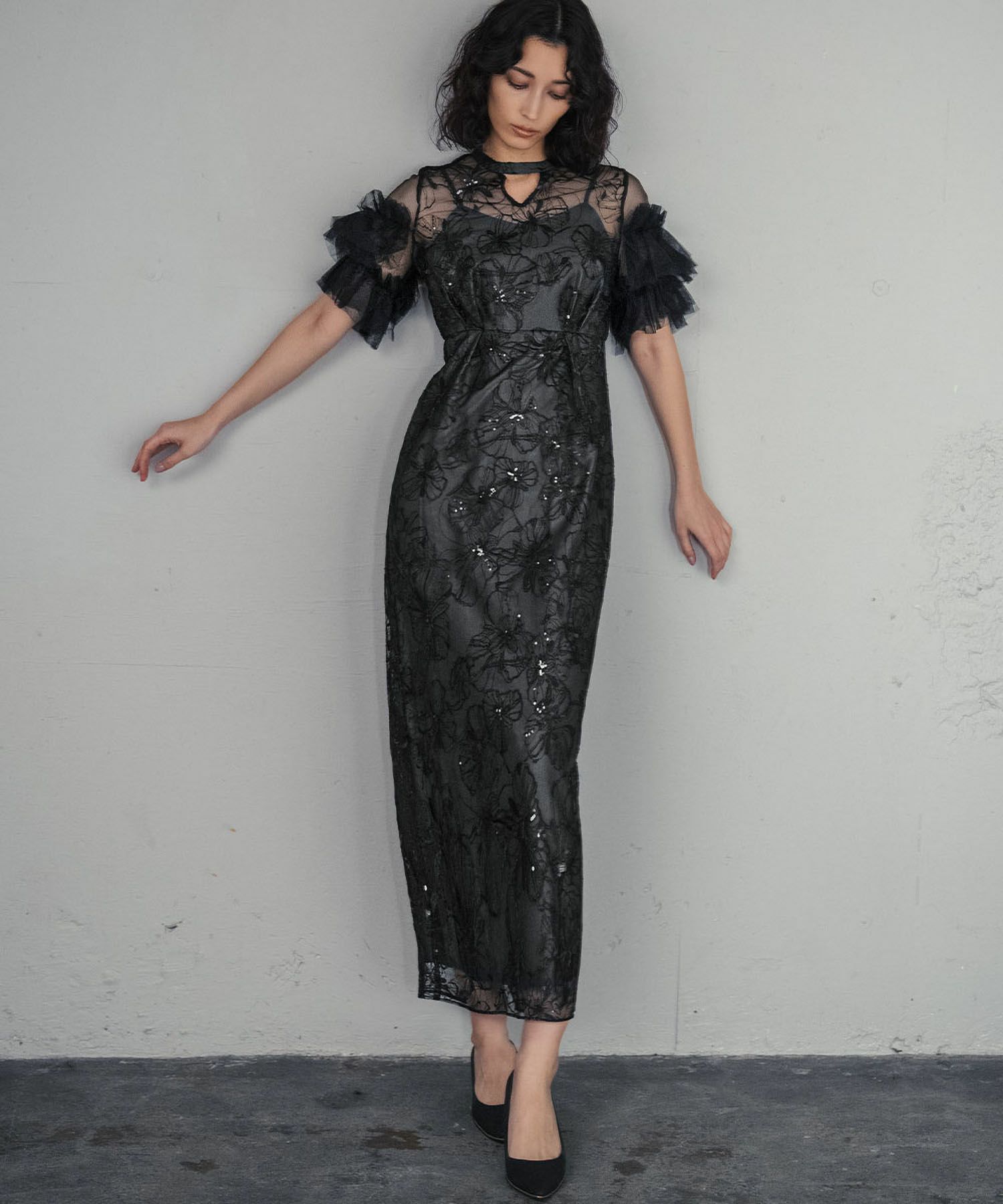 ANDRESD チュール スパンコール 刺繍レースドレス ANDRESD ドレス チュールドレープスパンコールドレス / tulle drape