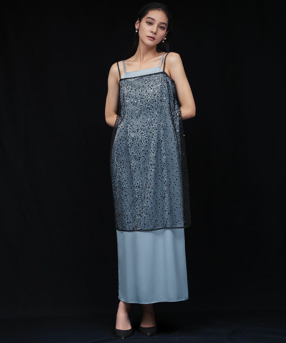 美品【フレイアイディー】パーティードレス　半袖キャミソール結婚式スパンコール上品 結婚式・お呼ばれ対応 | スパンコールキャミソールドレス