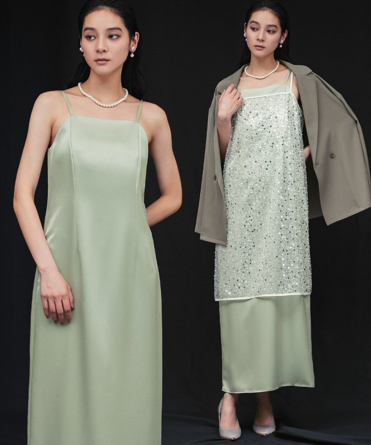 美品【フレイアイディー】パーティードレス　半袖キャミソール結婚式スパンコール上品 レジャ Leja スパンコール刺繍レースプチハイネックフリルロング