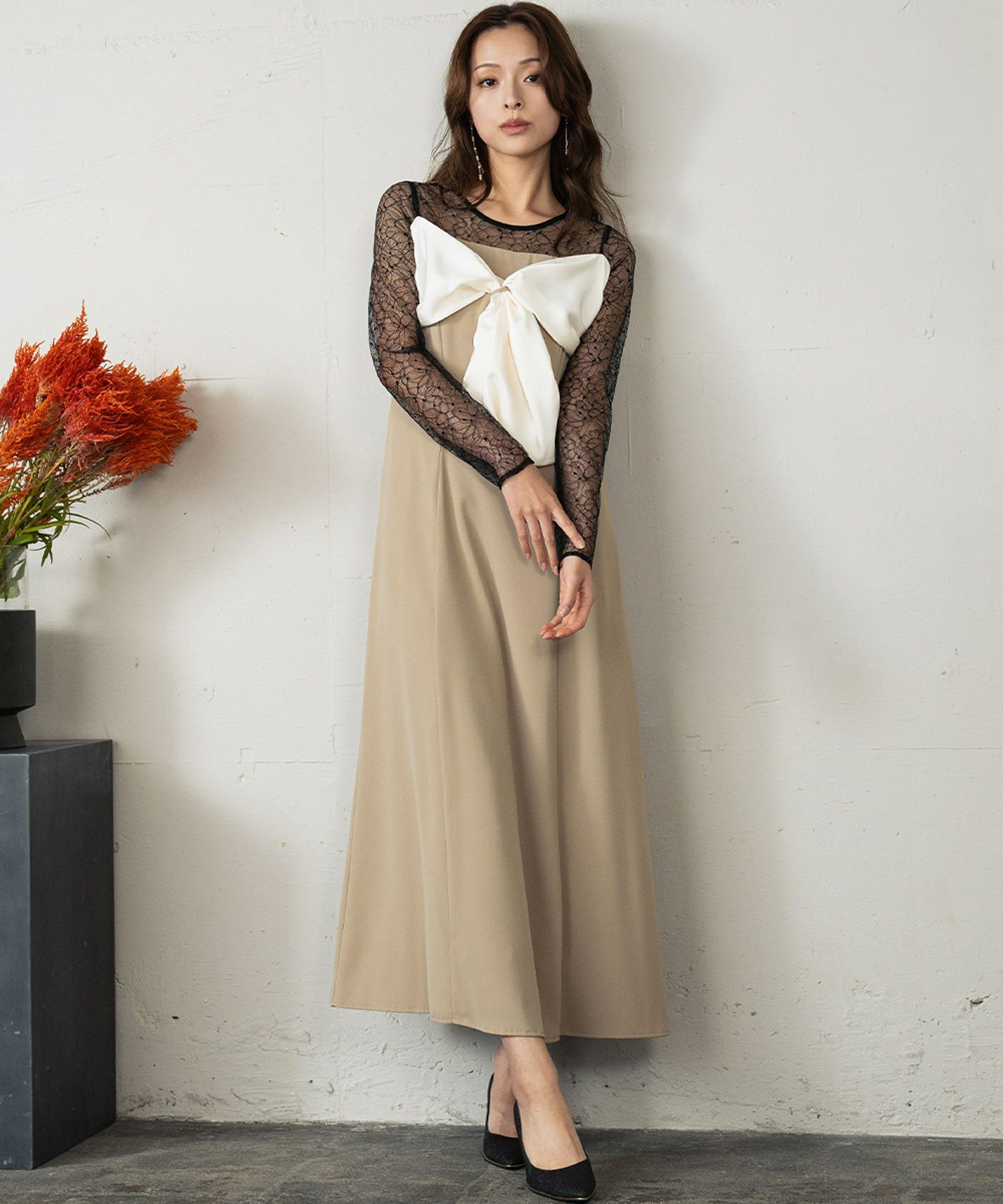 結婚式・お呼ばれ対応 | レーススリーブフレアワンピースドレス