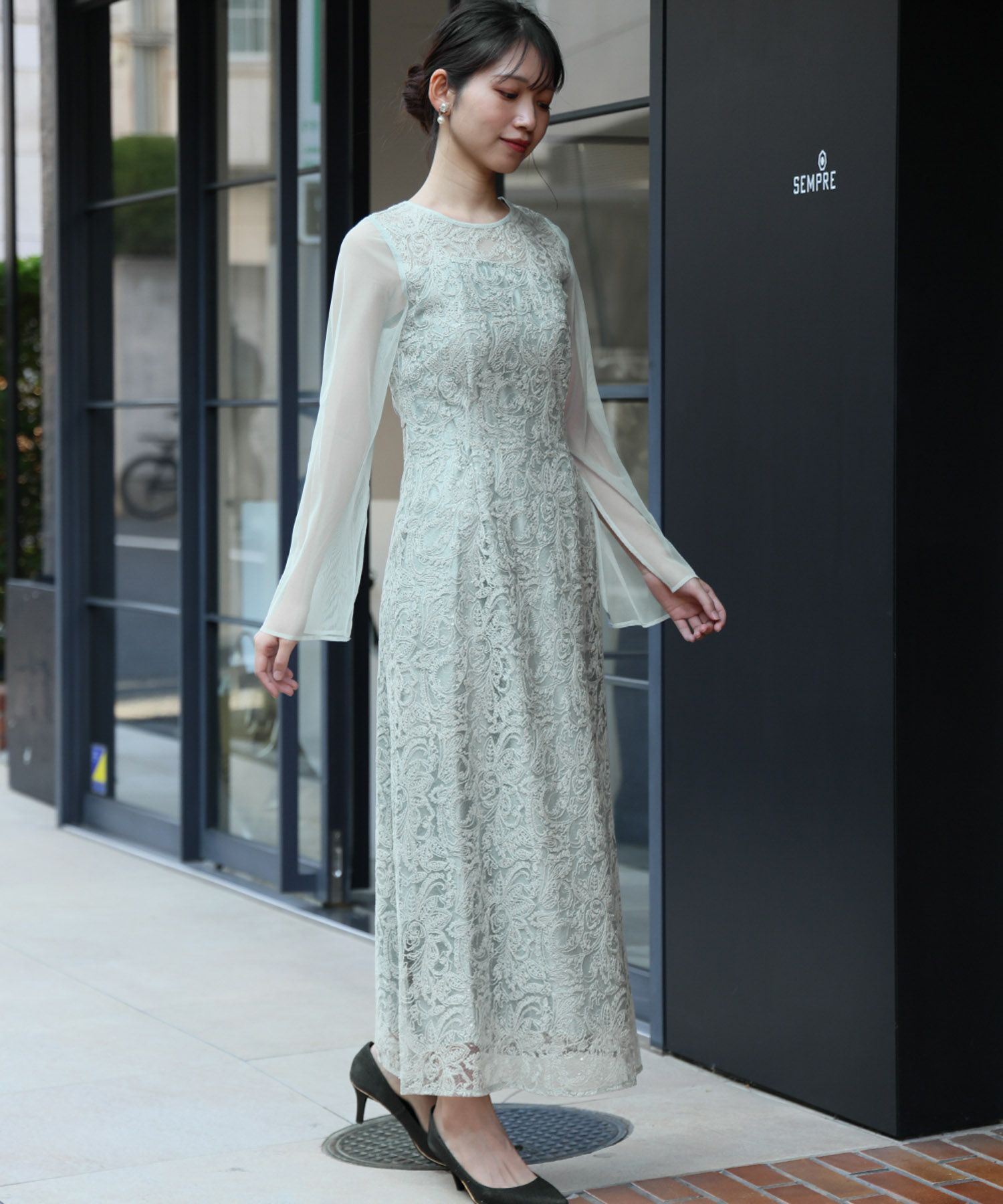 結婚式・お呼ばれ対応 | スリットスリーブレース刺繍ドレス