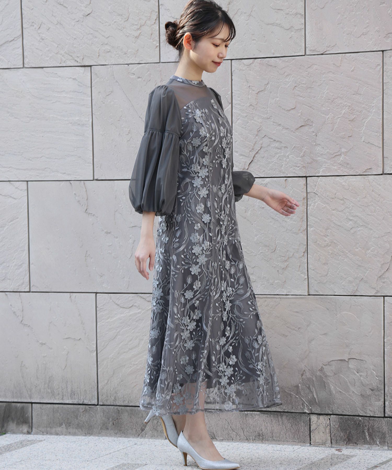 近年モデル　Leilian フラワーレースワンピース 上品　フォーマル　グレー系 レースレディース Lace Ladies ハイネック七分袖総レースフォーマル